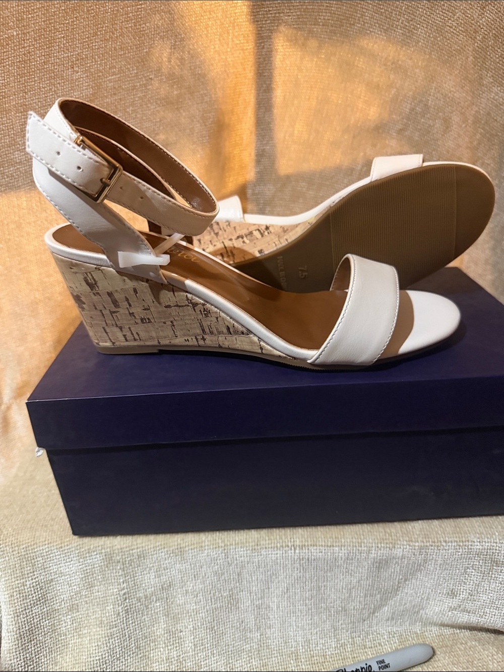 Monrovia White Cork Wedge Sandals - Elegant Ankle Strap size 7.5-New